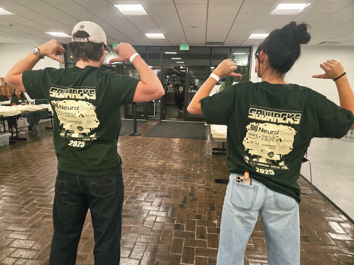 SBUHacks crew modeling merch